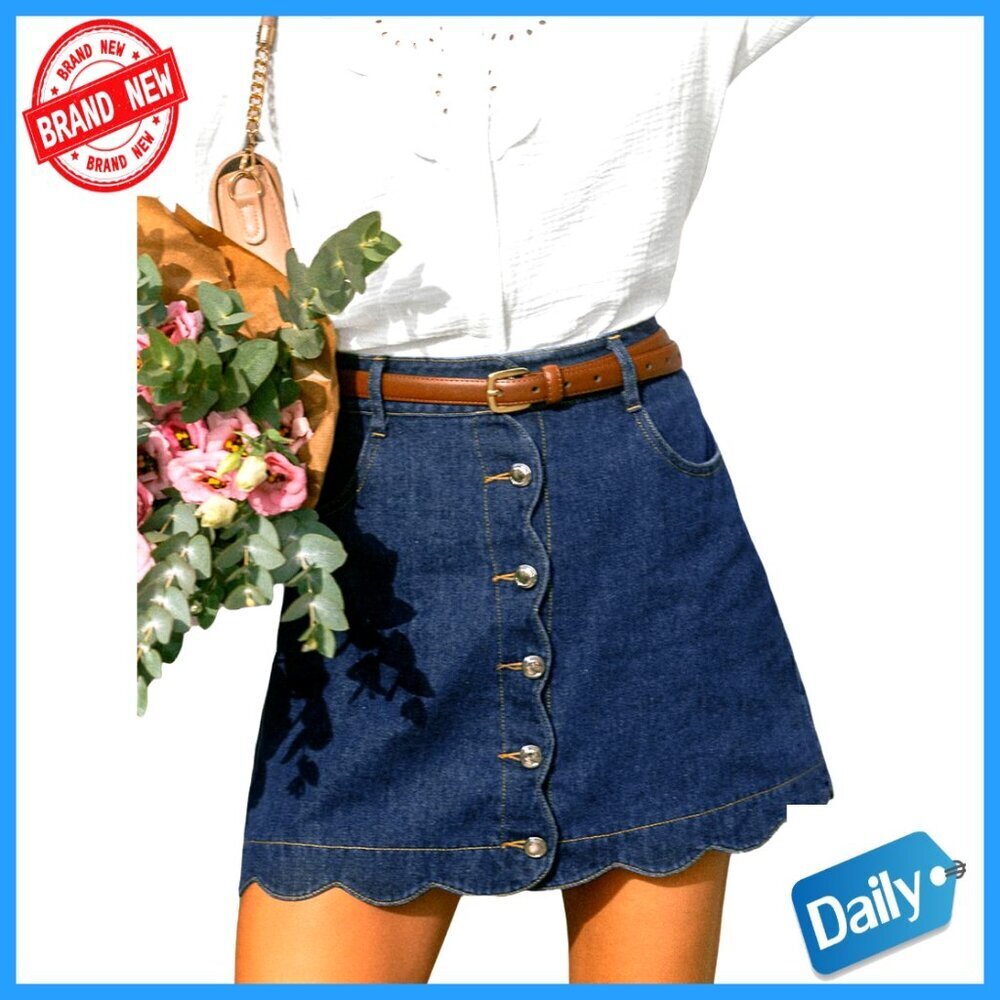 High Waist Denim Mini Skirt Button Front A-Line Scalloped Hem Casual